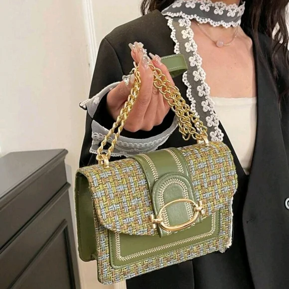 BRAND NEW ** Green Tweed Chain Strap Women's Bag - Picture 2 of 5
